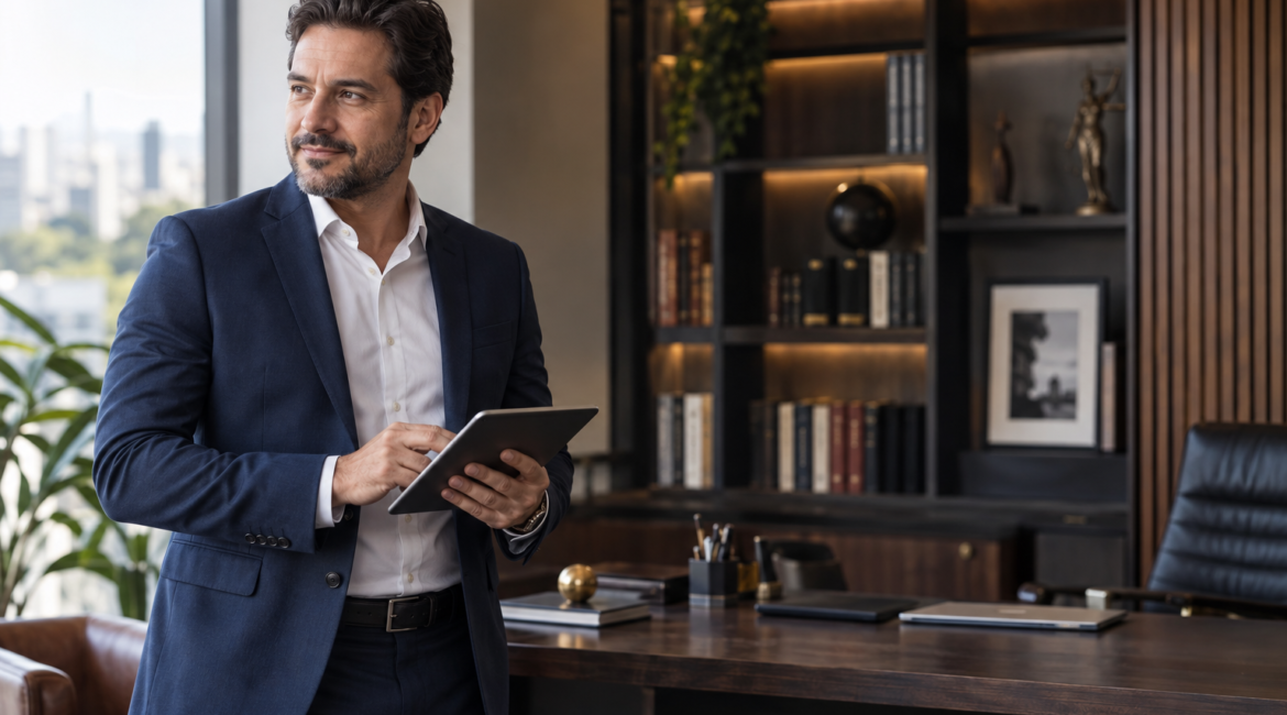 Advogado administrando um escritório jurídico moderno