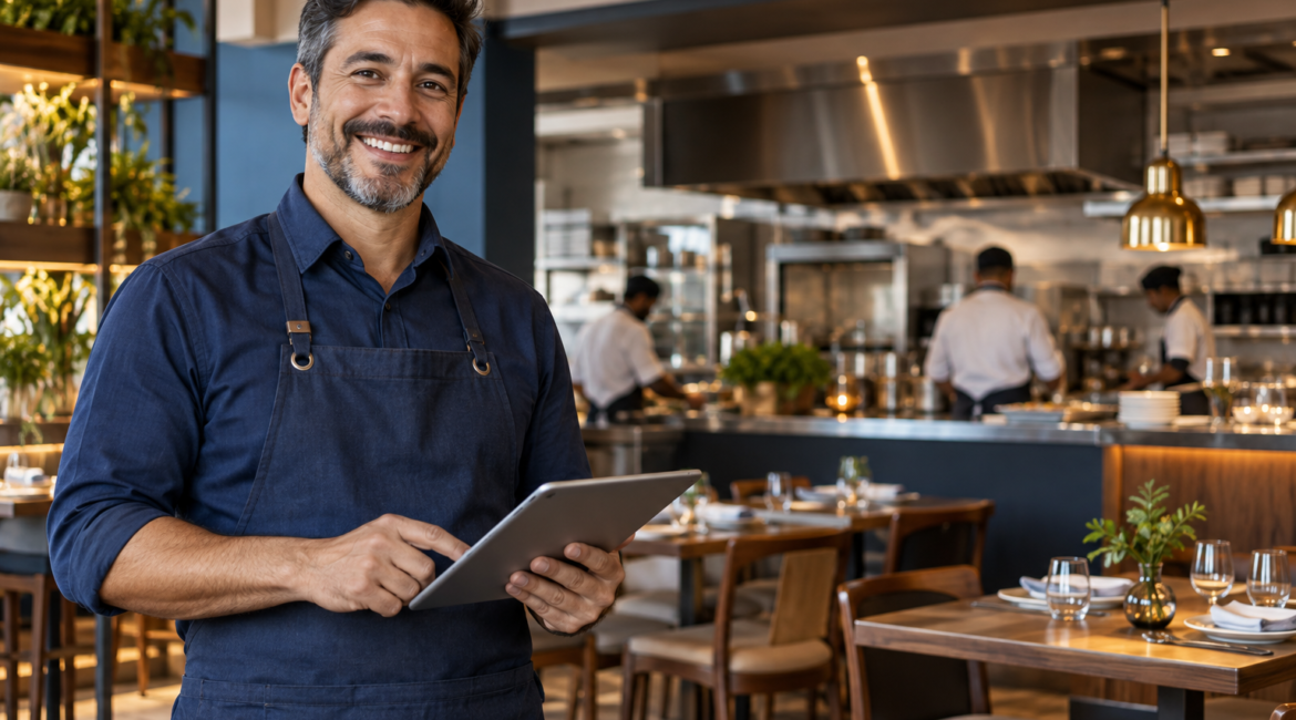 Empresário administrando um restaurante contemporâneo