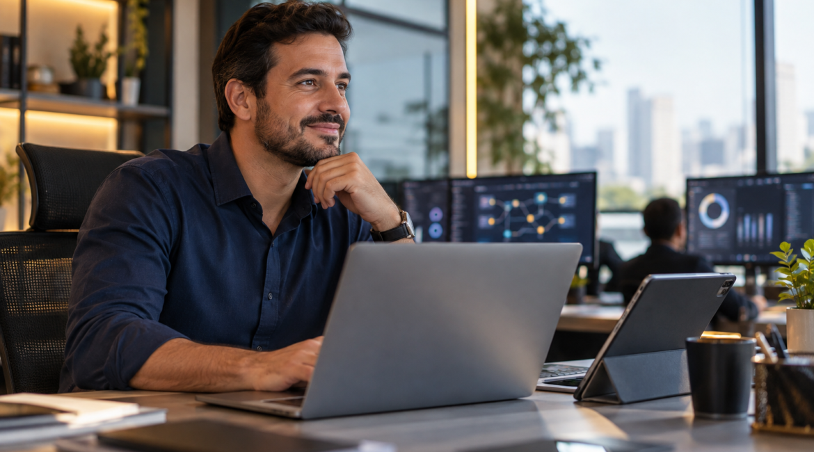 Empreendedor de tecnologia administrando uma empresa de software