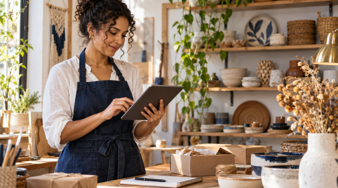 Artesão empreendedor organizando seu ateliê