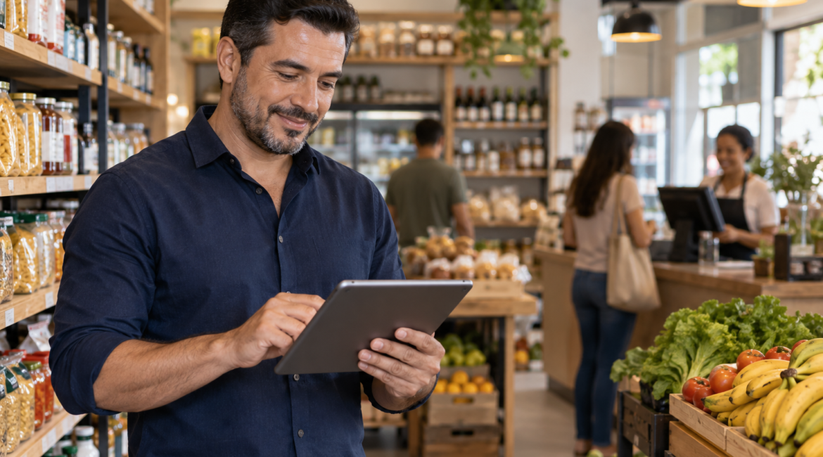 Empresário administrando um mercado de bairro moderno