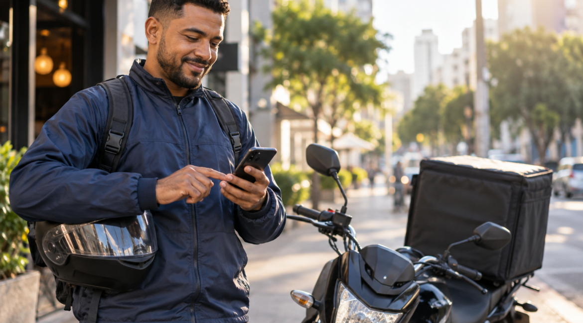 Motoboy empreendedor organizando entregas pelo celular