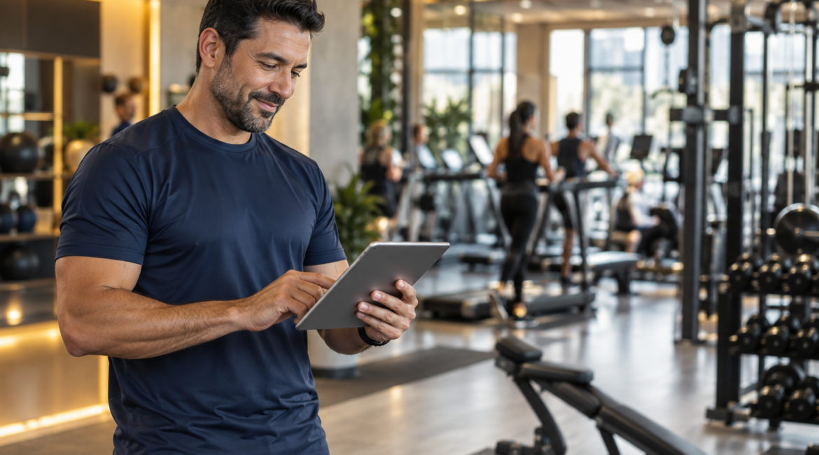 Empresário do setor fitness organizando a gestão da academia