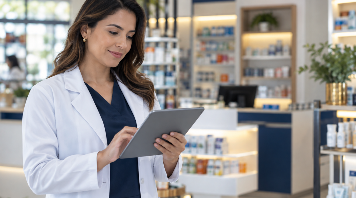 Farmacêutica administrando uma farmácia moderna